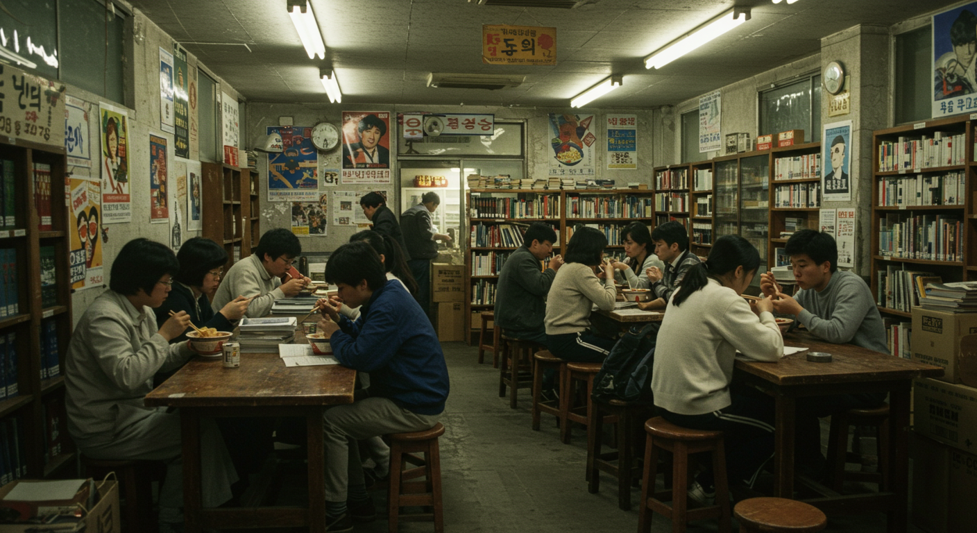 1980~90년대 한국 대학 도서관 매점 내부, 따뜻한 조명, 오래된 간이 테이블, 라면 먹는 학생들, 레트로 감성
