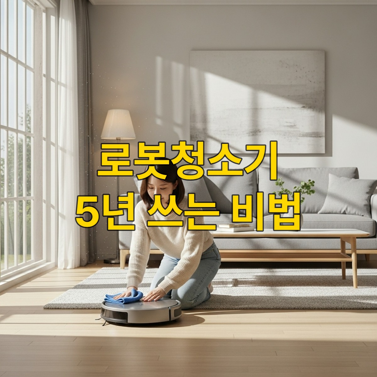 깔끔한 거실에서 한 여성이 프리미엄 로봇청소기의 상단을 부드럽게 닦고 있는 모습. 로봇청소기 관리의 중요성을 보여주는 이미지.