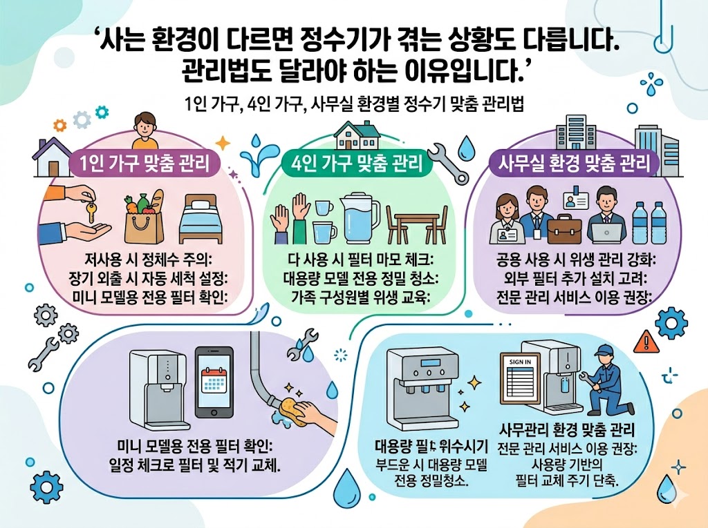 1인 가구, 4인 가구, 사무실 환경별 정수기 맞춤 관리법을 설명하는 이미지