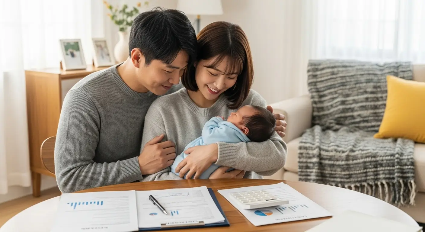 신생아를 안고 있는 부부가 계산기와 대출 서류를 보며 저금리 대환을 계획하는 희망찬 모습