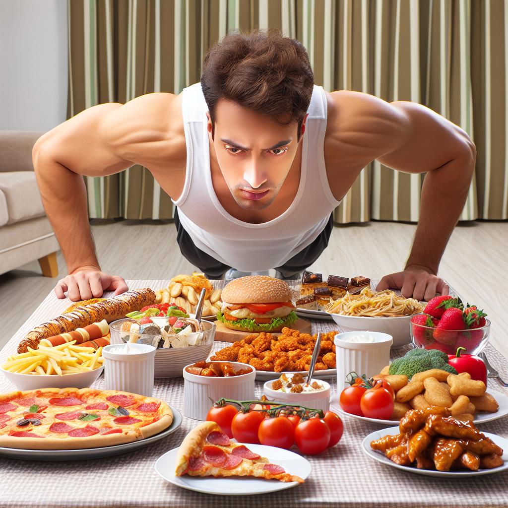 다이어트에 방해되는 음식을 보면서 배고픔을 참으려 하는 남성의 모습