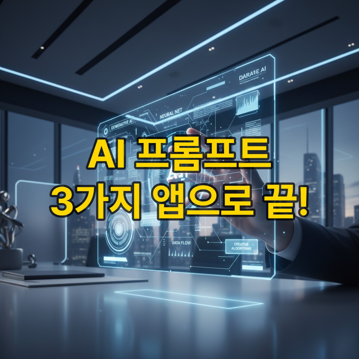 홀로그램 인터페이스로 AI 프롬프트 요소를 조작하는 손. AI Prompt Studio, Prompt Equalizer Pro, 프롬프트 마스터와 같은 혁신적인 도구로 프롬프트 엔지니어링을 간소화하는 미래 지향적인 컨셉을 시각적으로 표현.