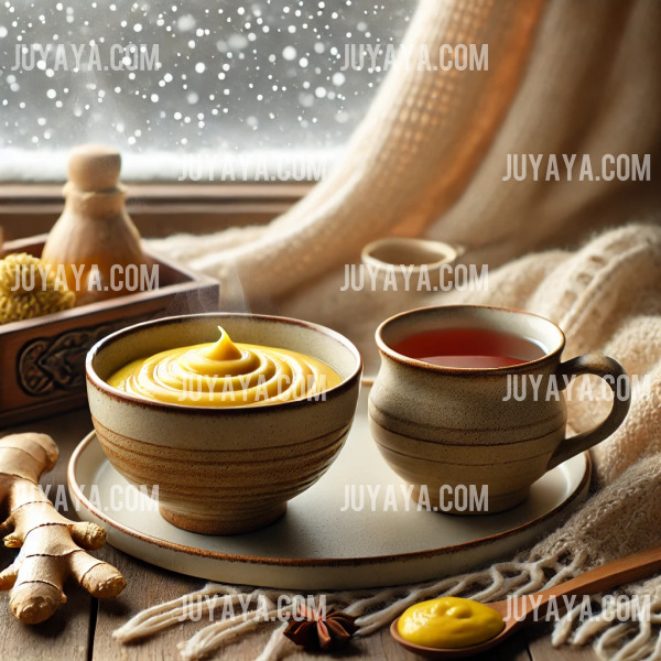 따뜻한 생강차 한 잔과 겨자 소스가 담긴 그릇이 나무 테이블 위에 놓여 있으며, 겨울 창문과 니트 담요가 배경으로 자리잡고 있다.