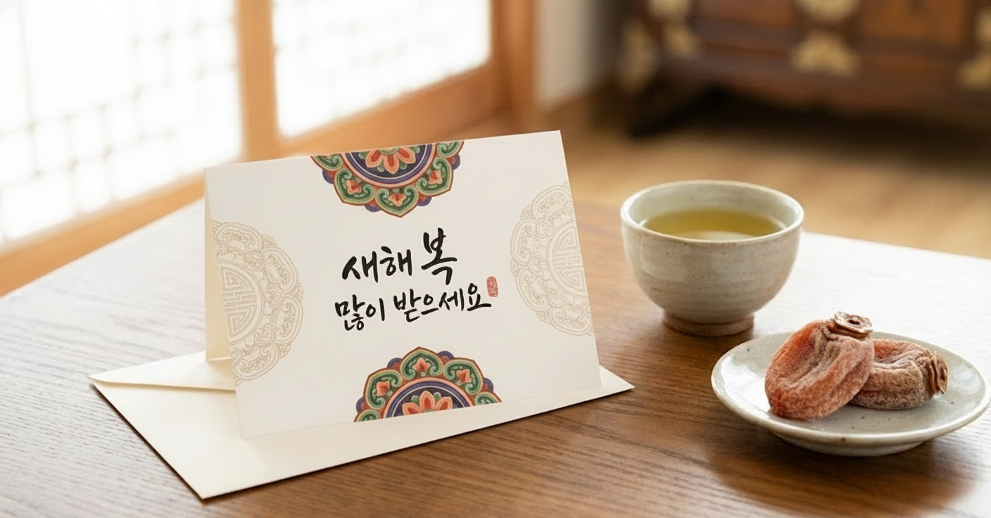 정성을 담아 준비한 한국 전통 스타일의 새해 연하장과 다과