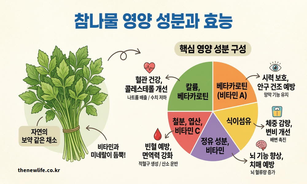 참나물 효능을 만드는 핵심 영양 성분을 설명하는 이미지