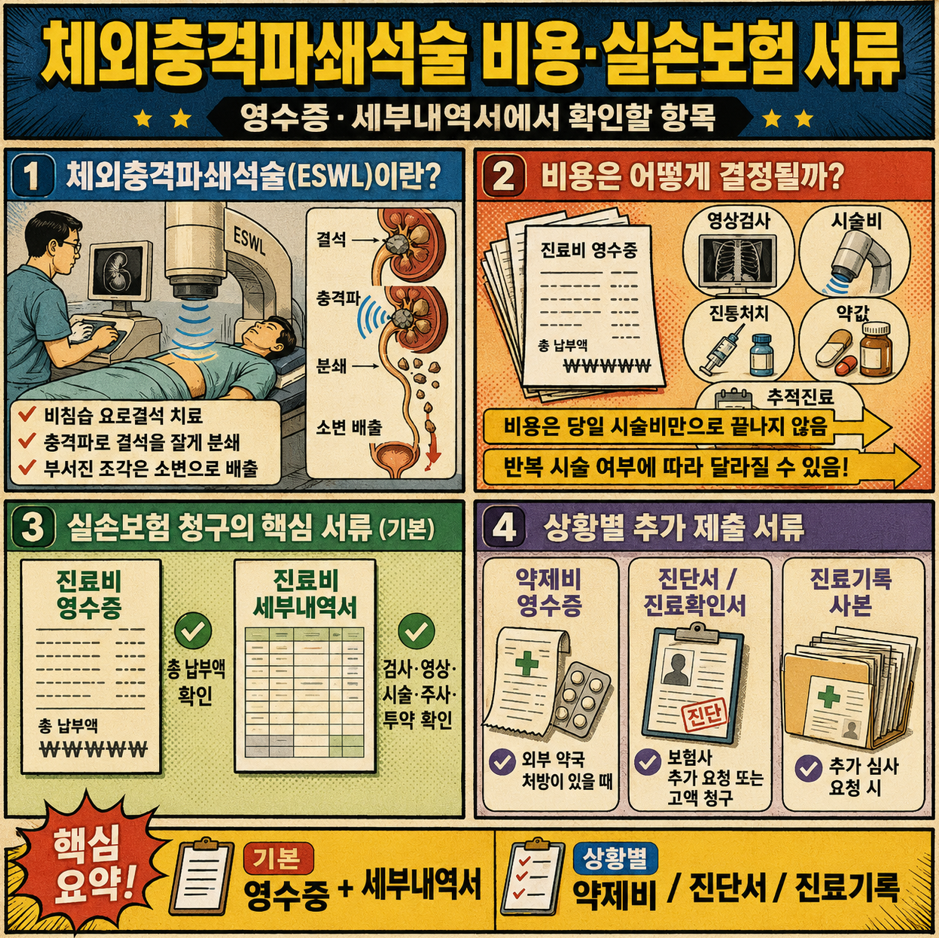1. 체외충격파쇄석술 비용과 실손보험 청구 서류를 영수증, 세부내역서, 약제비 영수증, 진단서, 진료기록 사본 중심으로 정리한 옛날 만화 형식 의료 인포그래픽
