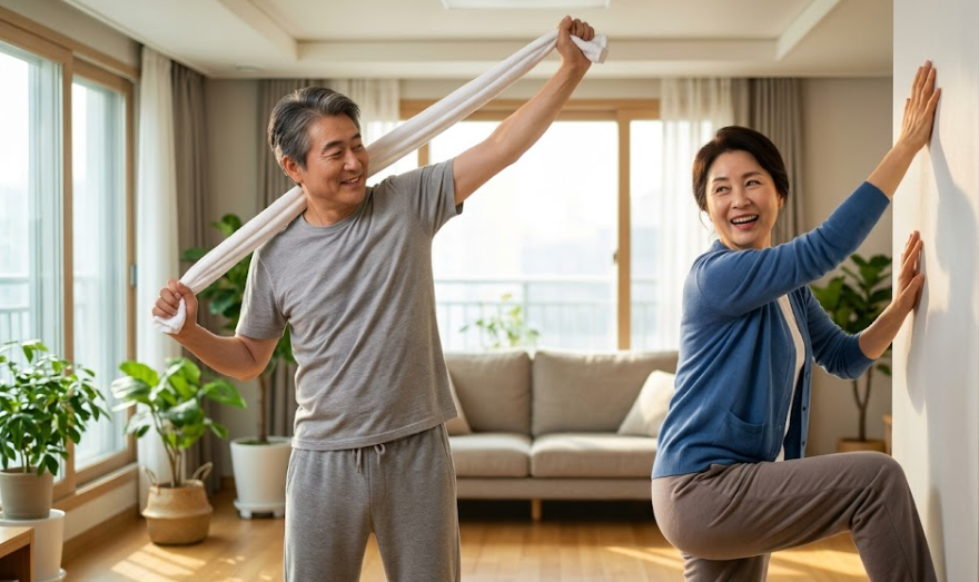 아침 오십견 예방을 위한 운동을 실천하는 시니어부부