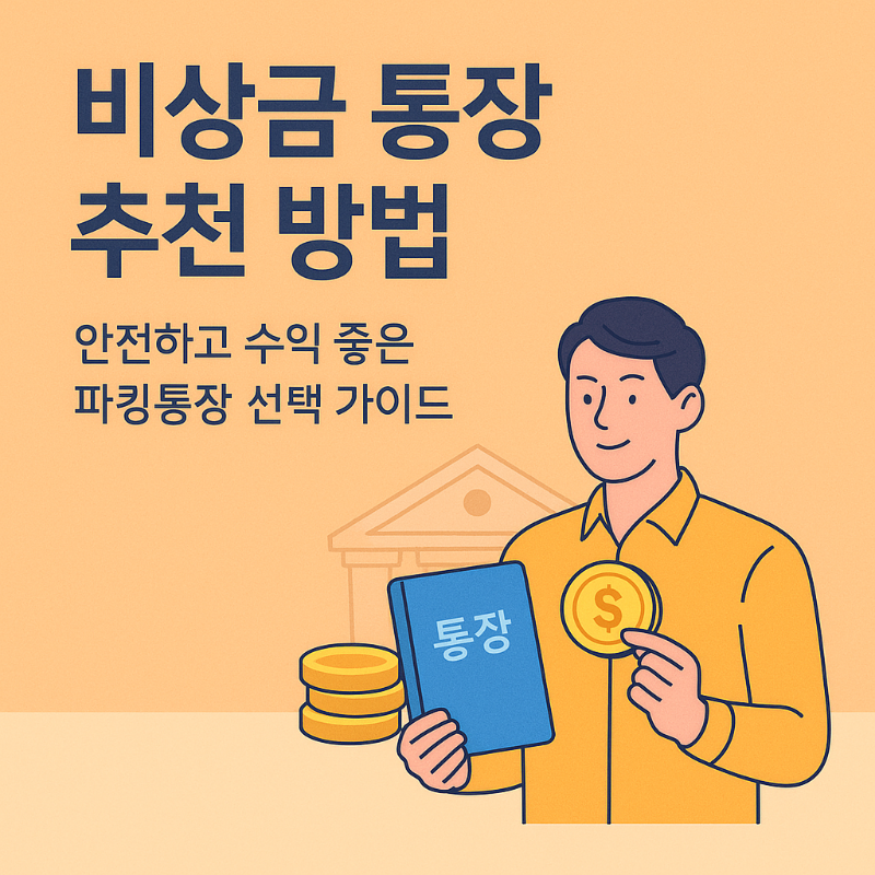 25년 비상금 통장 추천 방법을 설명하는 일러스트, 통장을 들고 금화를 확인하는 직장인의 모습과 파킹통장, 안전한 재테크를 상징하는 그래픽 요소