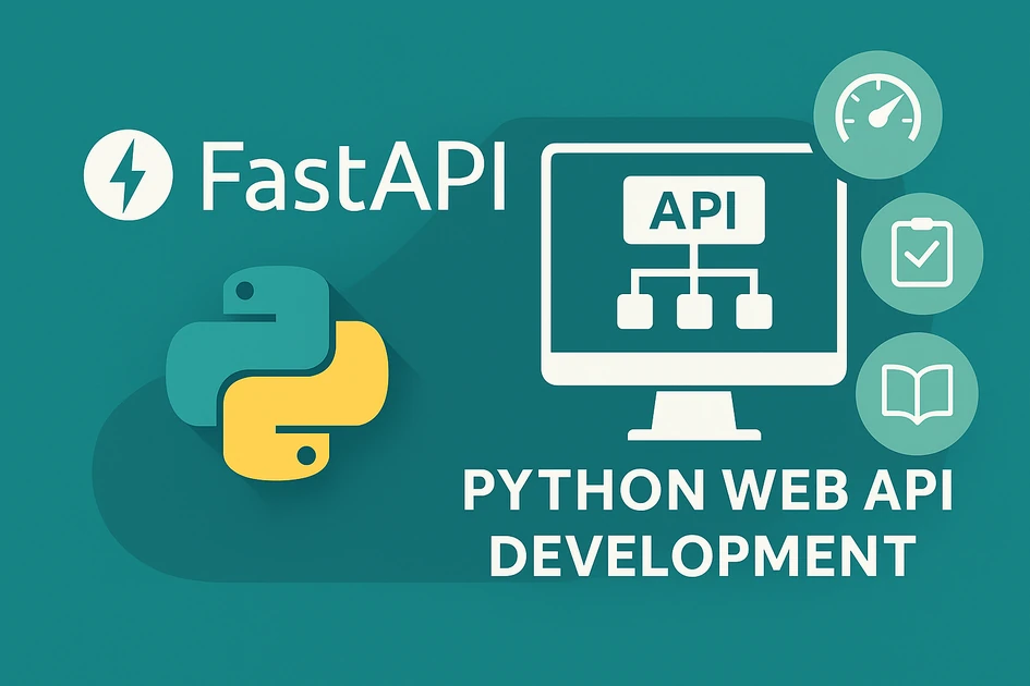 FastAPI와 Python 기반 웹 API 개발을 상징하는 현대적인 기술 일러스트, API 아이콘과 Python 로고, 속도&middot;검증&middot;문서화 요소를 표현한 이미지
