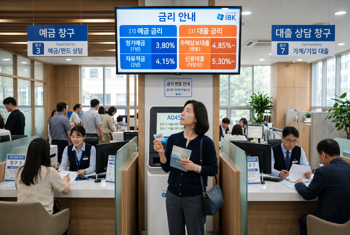은행 창구에서 예금과 대출 금리를 비교하는 장면
