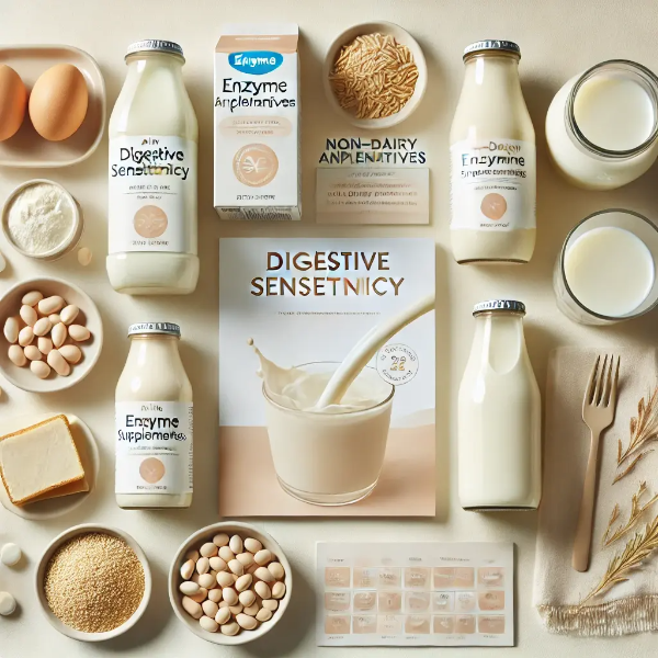 우유, 효소 보조제, 대체유, 소화 브로슈어가 정리된 스튜디오컷