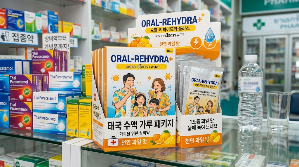 태국 약국에서 판매하는 ORS 수액 가루와 약품