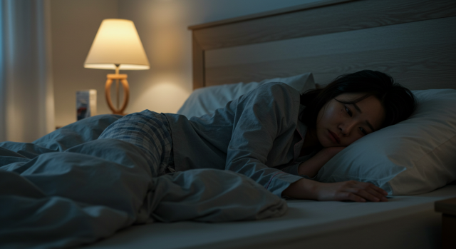 침대에 누워 우울한 표정을 짓는 한국인 여성