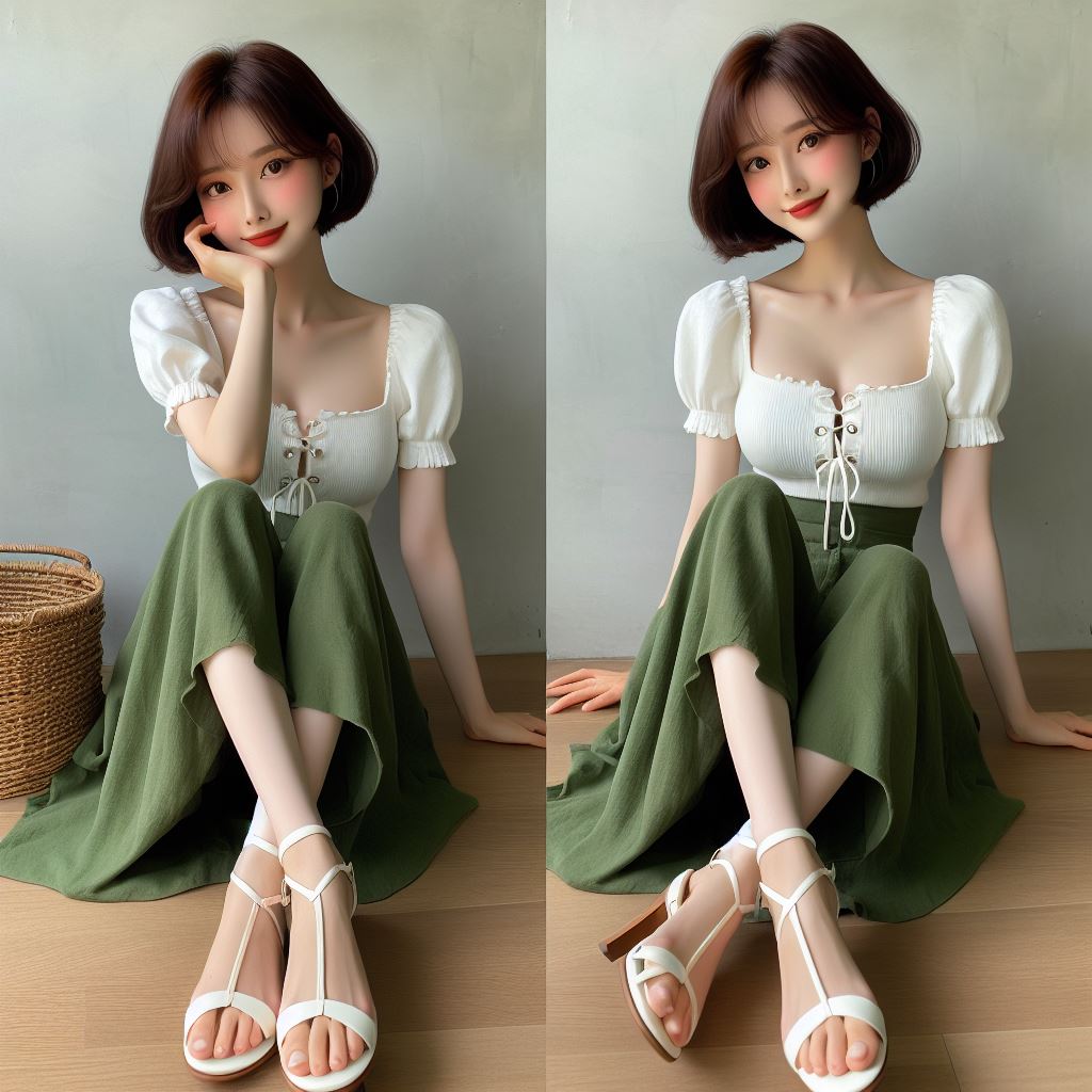 스트랩이 가늘고 굽이 높은 흰색 샌달을 신고&amp;#44; 길이는 7부인 H라인 녹색 롱스커트를 입고&amp;#44; 흰색 반팔 블라우스를 입고 단발머리 흑발의 예쁜 40대 한국 주부가 Nginx에서 예기치 않은 문제 해결하는 자연스러운 사진 와이드샷