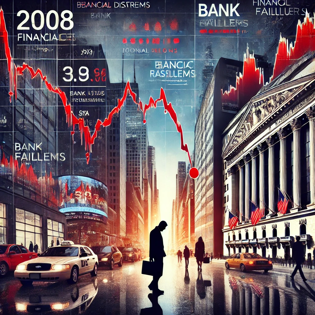 "2008년 금융위기 당시 S&amp;P 500 지수 폭락 차트. 은행 파산, 경제 불황, 서브프라임 모기지 사태로 인한 글로벌 금융 시장 위기."