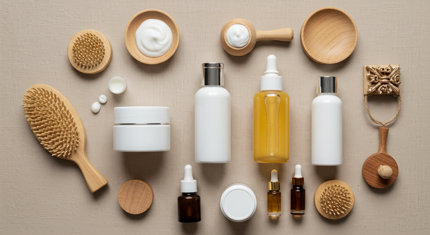 메인, 서브, 포인트 컬러의 비율처럼 구성된 뷰티 제품 배치 이미지