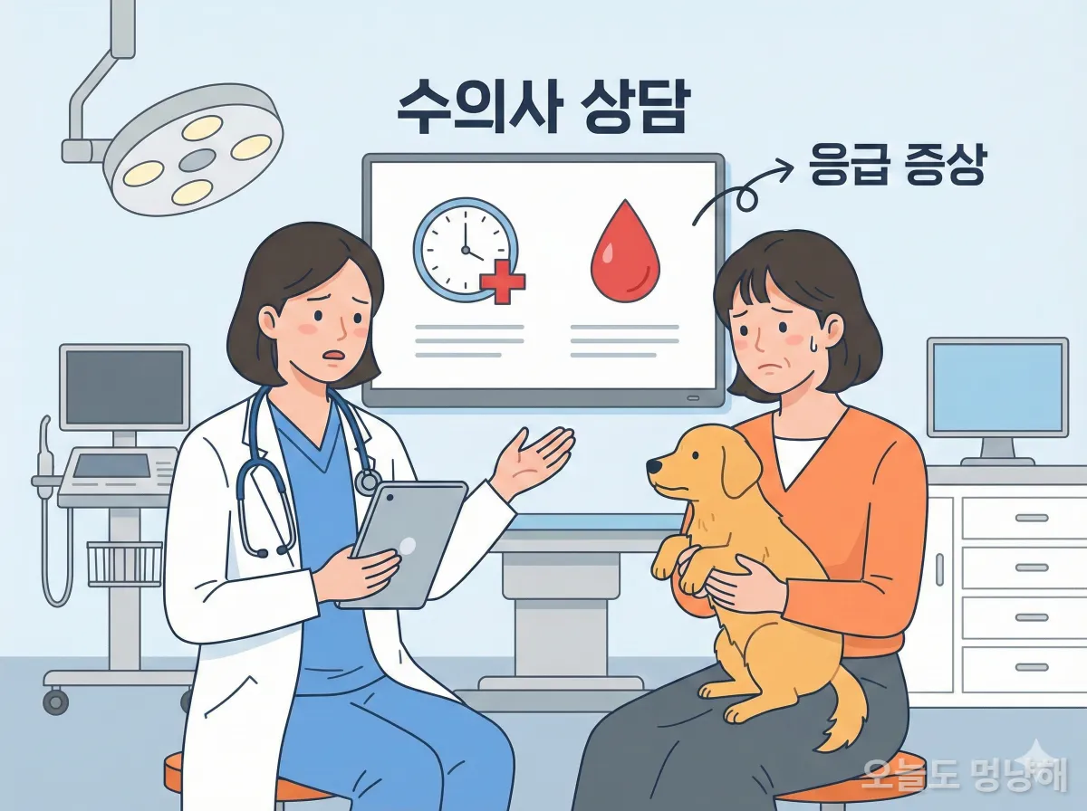 한국 동물병원에서 수의사가 보호자에게 쥐약 섭취 증상과 골든타임을 설명하는 모습