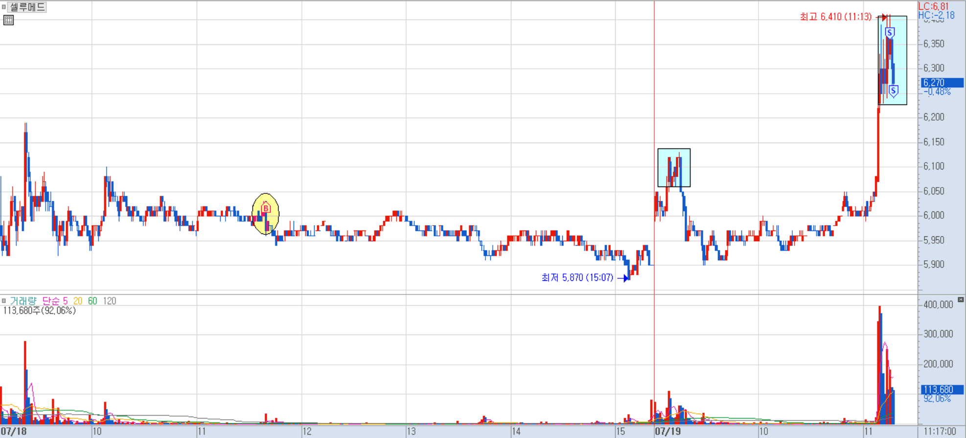 셀루메드 분봉 차트