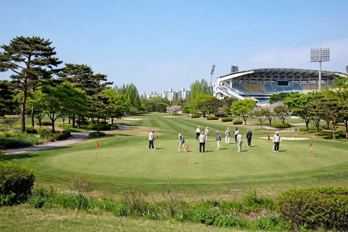 성남종합운동장 파크골프장 운동장 옆 코스에서 파크골프를 즐기는 모습