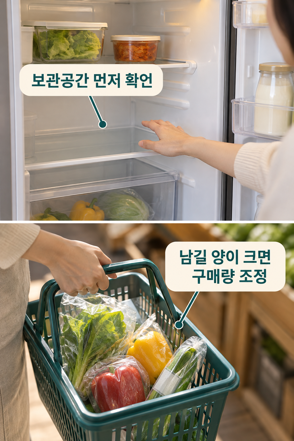 작은 냉장고의 빈 공간과 필요한 양의 장바구니를 비교하는 장면