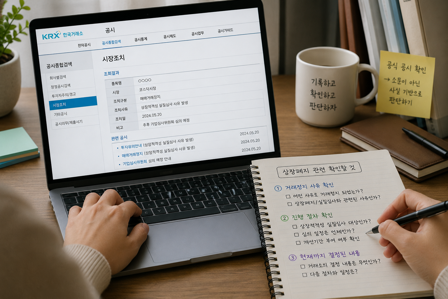 상장폐지와 관련된 내용을 접했을 때 거래정지 사유와 공식 공시를 확인하는 모습.