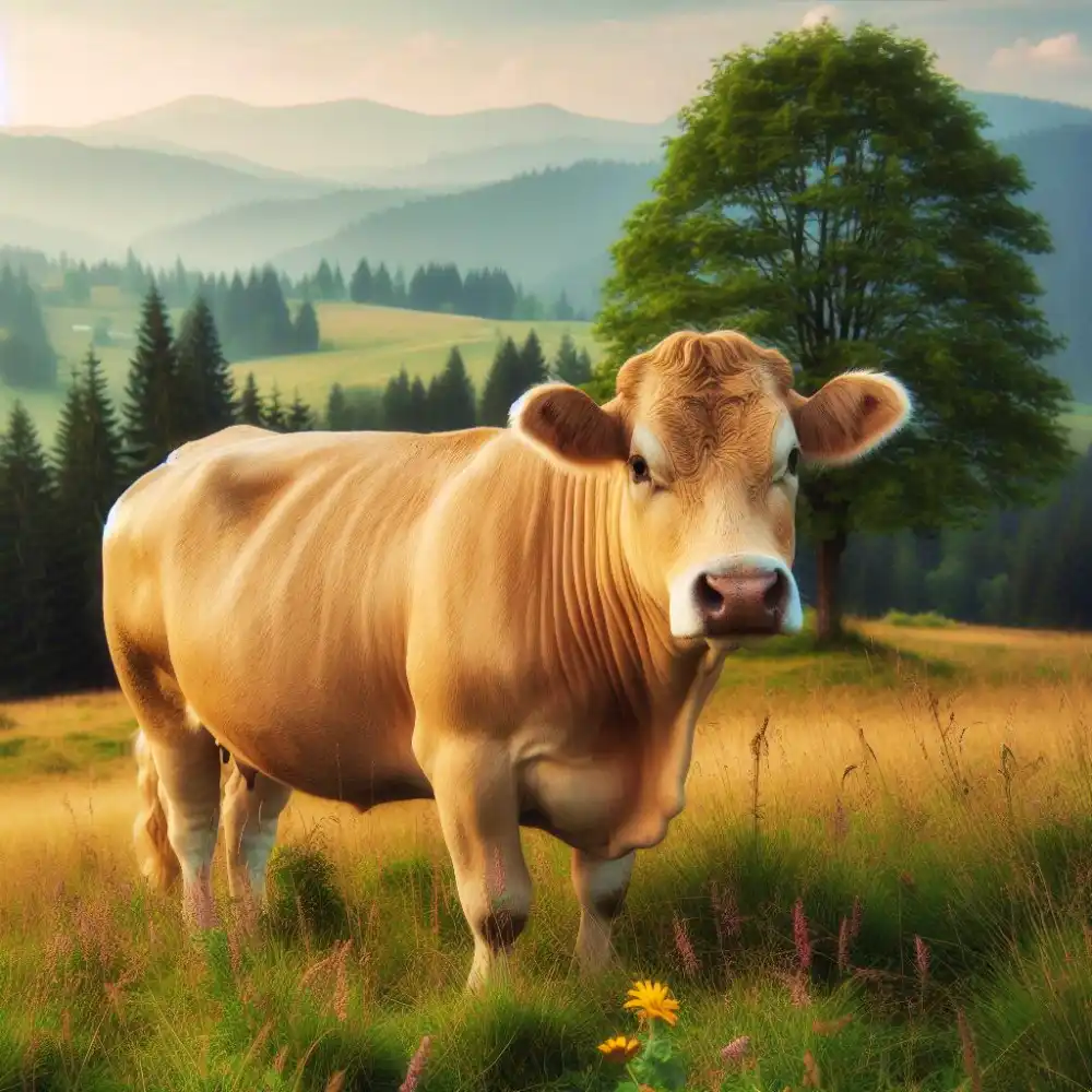 앞을 주시하고 있는 튼튼하고 커다란 누런 소