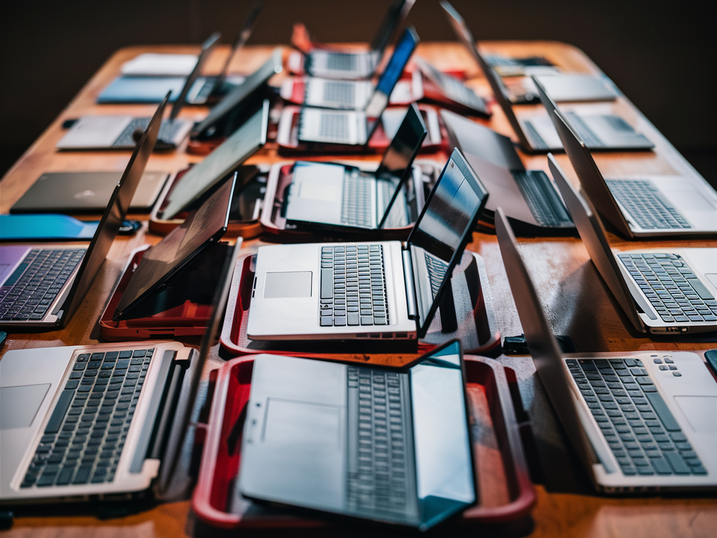 다양한 중고 노트북이 테이블 위에 정렬된 모습, 여러 브랜드와 크기의 제품, 전문적인 제품 사진 스타일