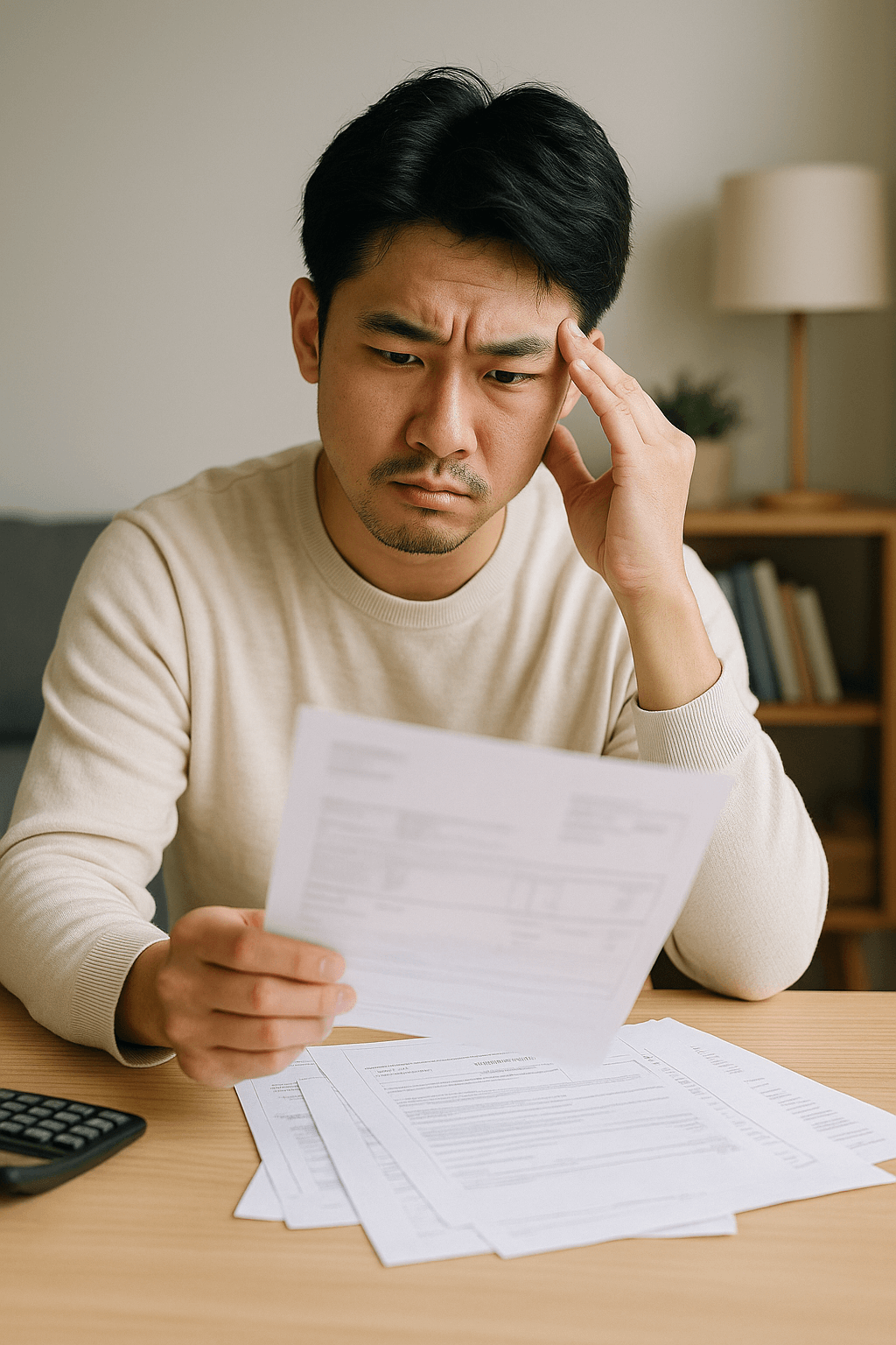 혼자 사는 30대 한국 남성이 책상 위 고지서를 보며 걱정스러운 표정으로 복지 지원을 고민하는 모습