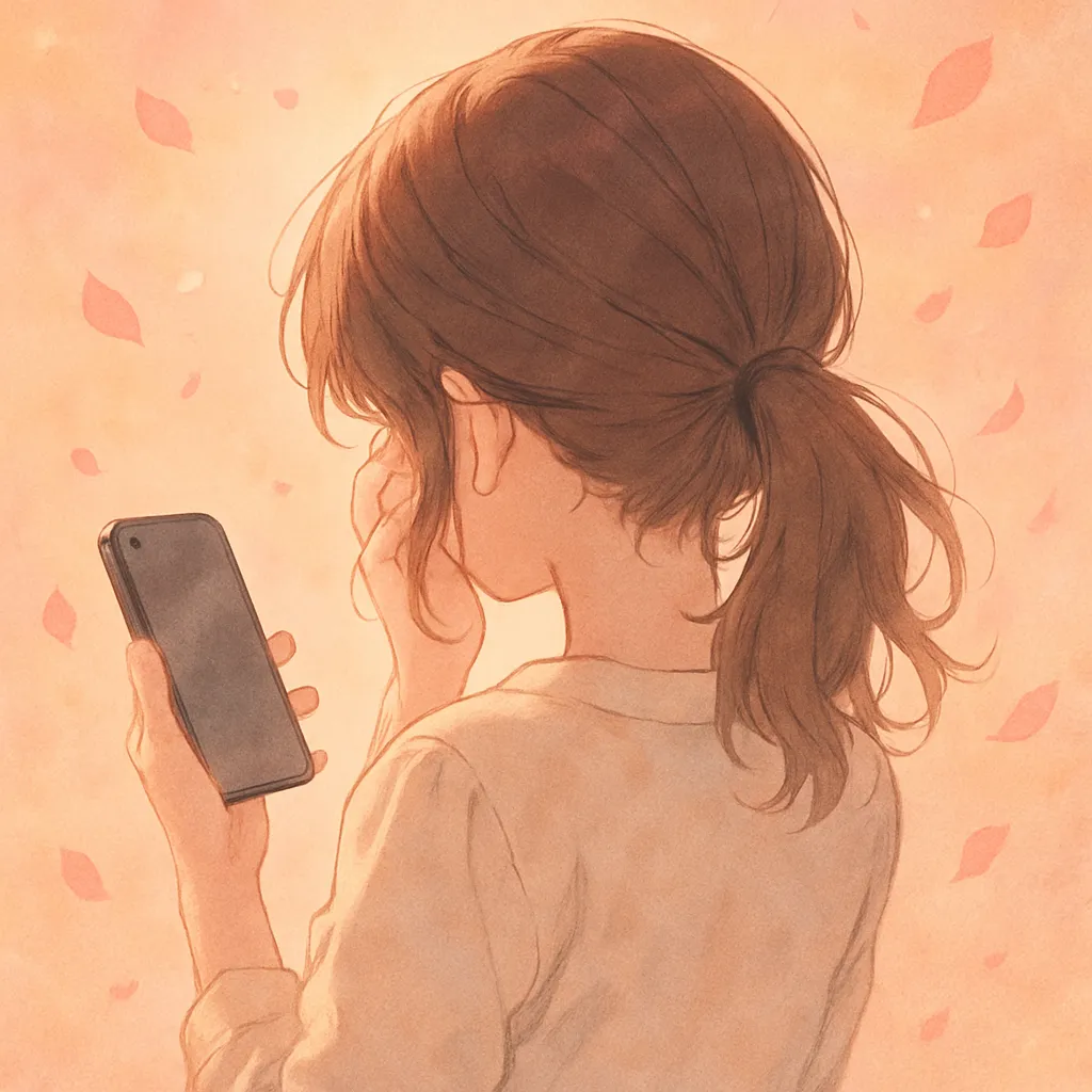 휴대폰을 들고 고민에 잠긴 소녀의 뒷모습. 파스텔톤 배경과 흩날리는 꽃잎으로 혼란 속 설렘을 표현