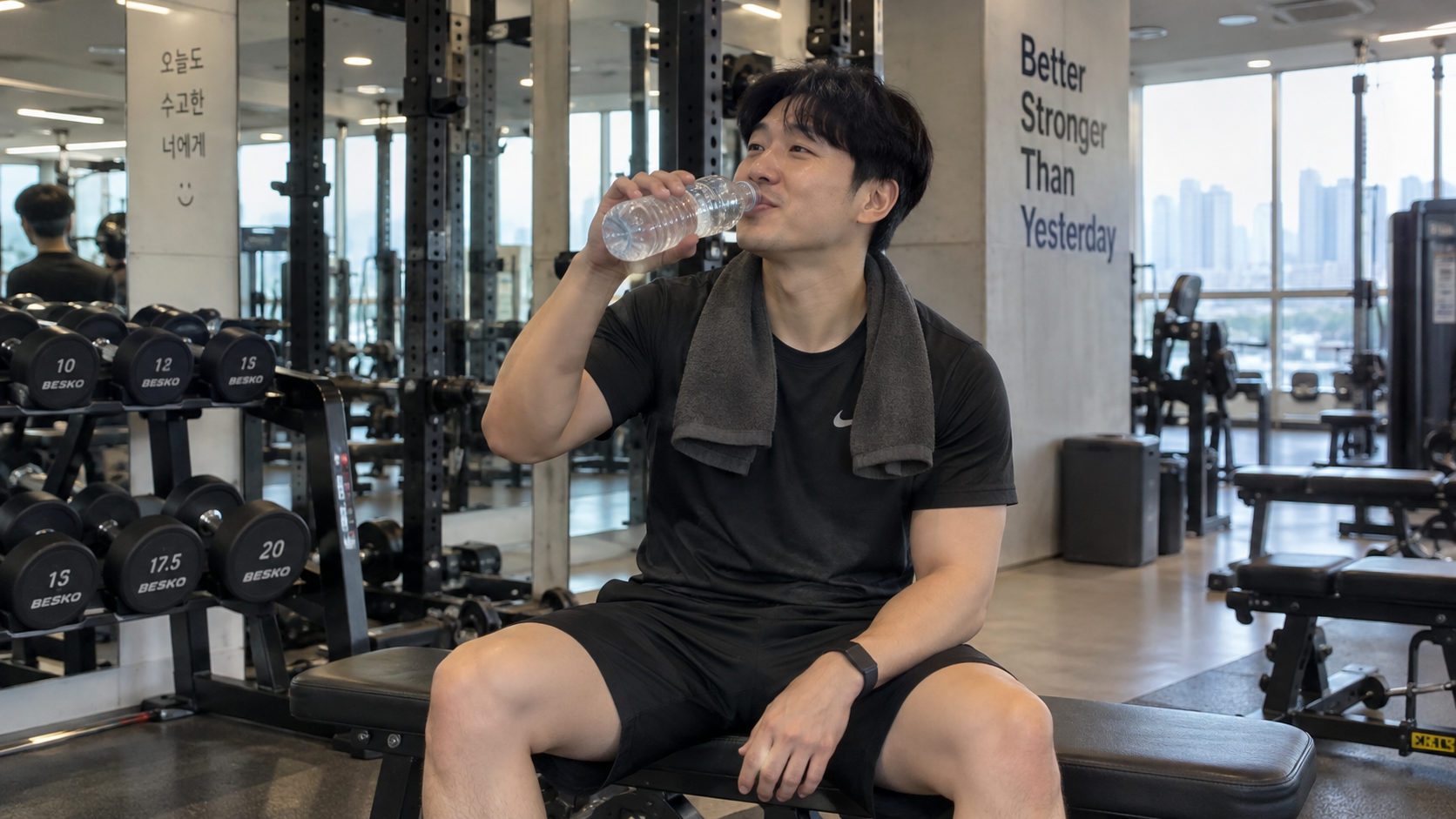 체육관 벤치에서 편안하게 물을 마시는 사람
