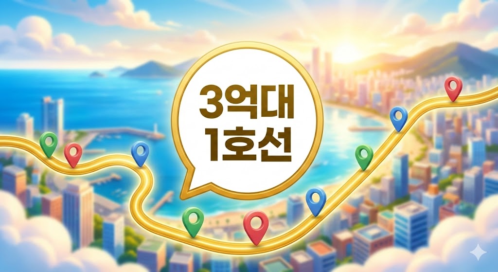 부산 1호선 노선도 위에 3억대 아파트 핀이 꽂혀 있는 일러스트 썸네일