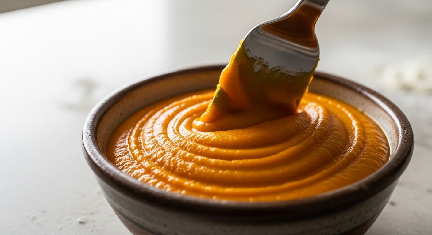 냄비에 곱게 갈린 주황색 호박 퓨레를 주걱으로 젓는 모습. 신선하고 부드러운 호박의 질감이 강조됩니다.