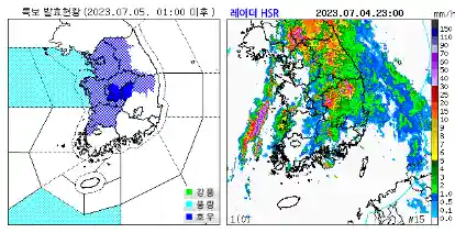 기상청 방재 속보 특보 발효 현황과 레이더 HSR