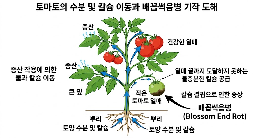 토마토 뿌리에서 흡수된 수분이 잎으로만 이동하고 열매 끝까지 칼슘이 전달되지 못해 배꼽썩음병이 발생하는 과정