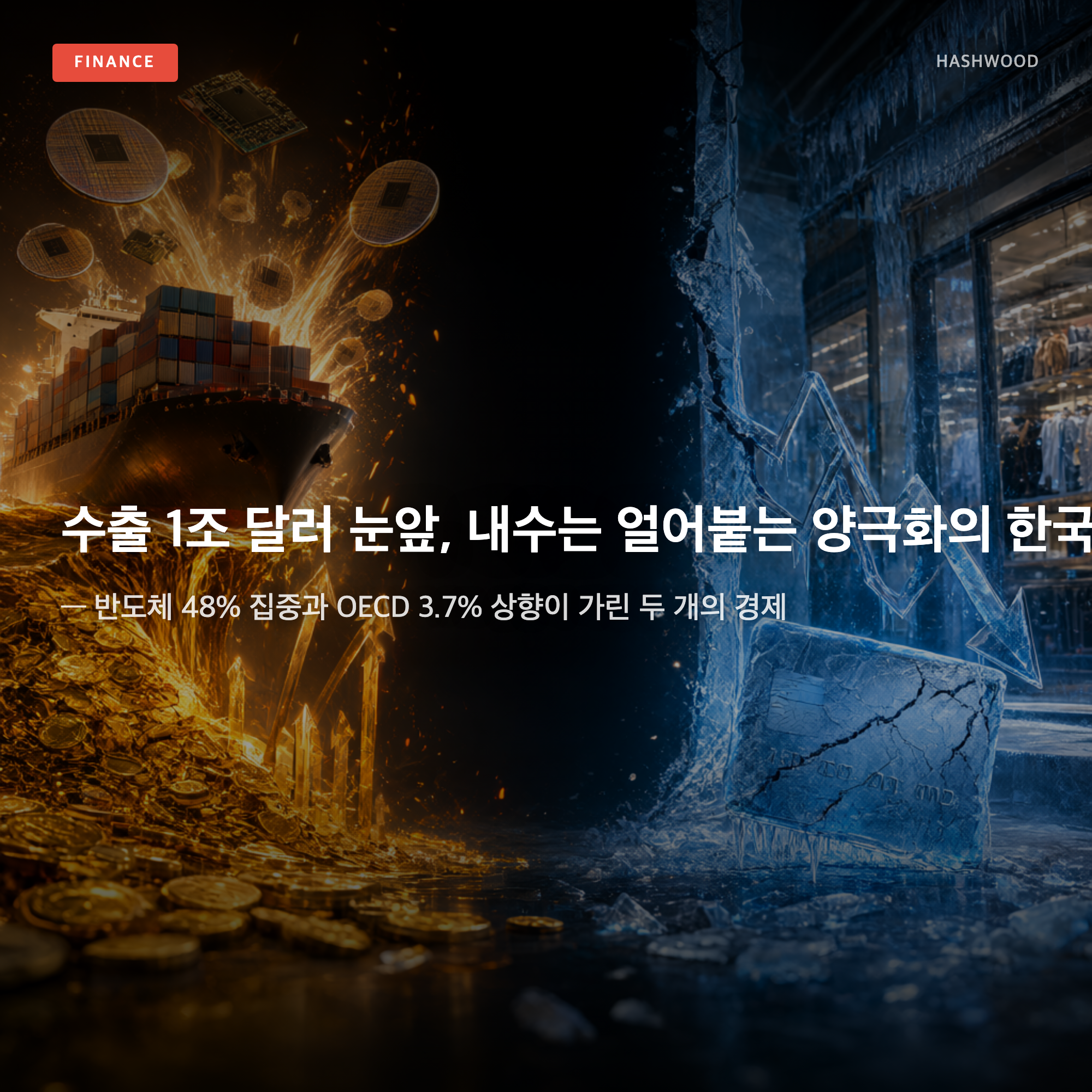 그림: 수출 1조 달러 눈앞, 내수는 얼어붙는 양극화의 한국 — — 반도체 48% 집중과 OECD 3.7% 상향이 가린 두 개의 경제