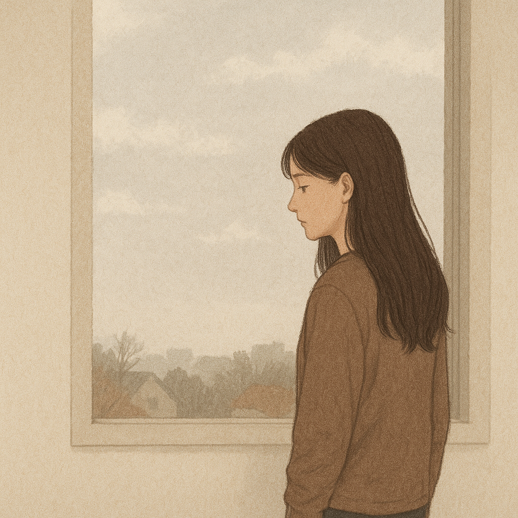 창밖을 바라보며 외로움을 느끼는 갈색 옷의 젊은 여성