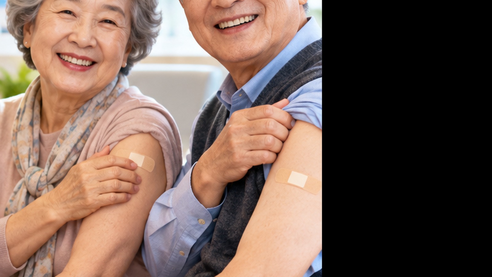독감 예방접종 후 팔에 밴드를 붙이고 웃는 65세 이상 부부