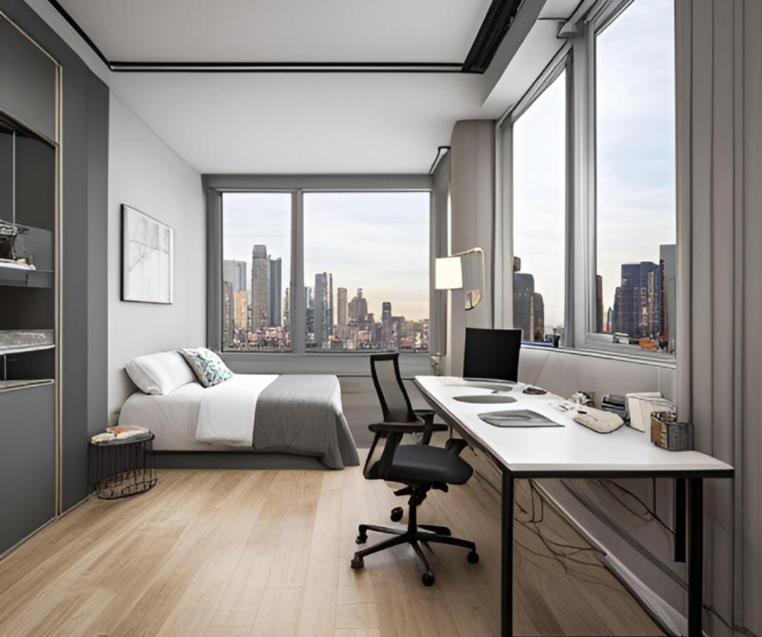 방의 한 모습. 침대가 놓여있고 책상이 있다.