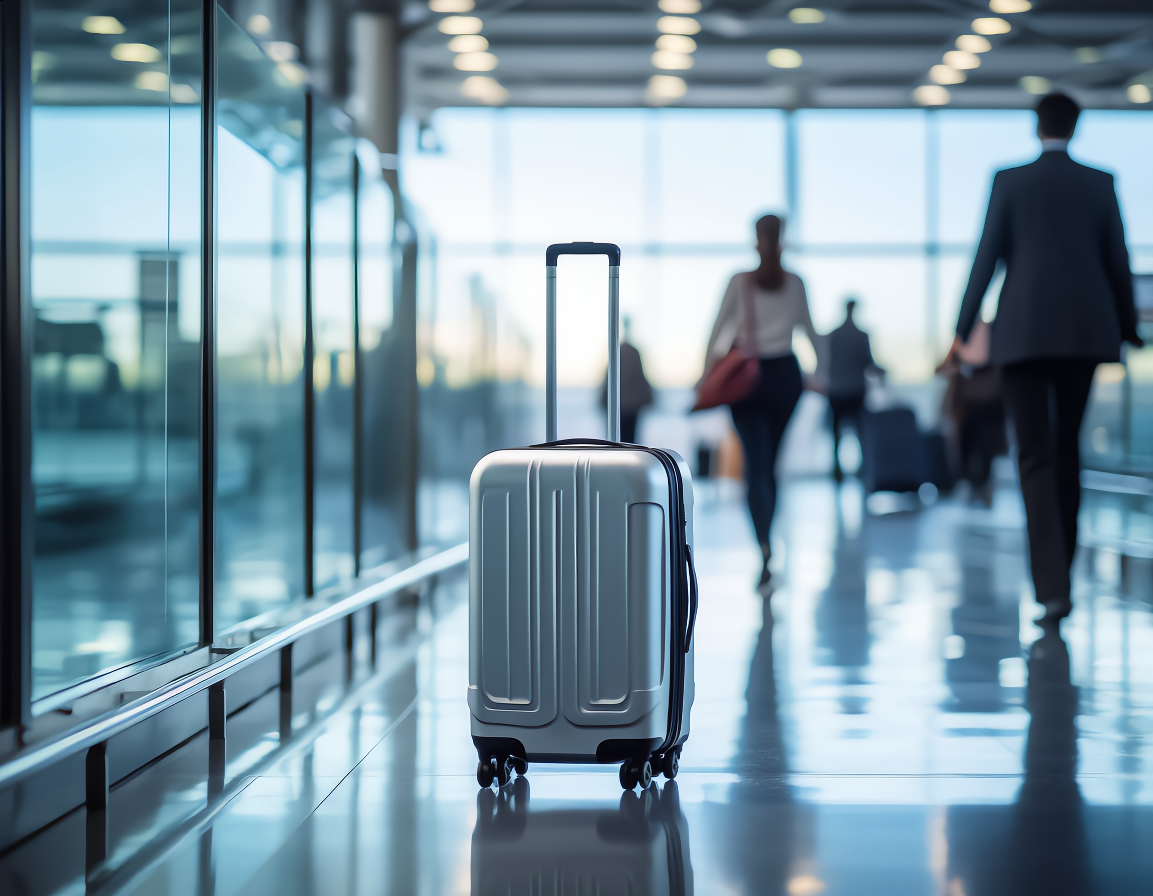 A sleek modern travel suitcase with a metallic silver finish rolls smoothly across the polished floor of a bustling airport terminal, surrounded by glass walls reflecting soft ambient lighting. The dynamic scene captures movement and efficiency, with blurred travelers in the background emphasizing speed and modernity.