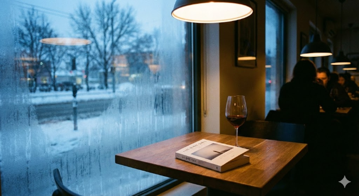 2026년 1월의 시린 겨울 창가, 김이 서린 유리창 너머로 따스한 조명이 비치는 카페 테이블. 그 위에 '나의 완벽한 장례식' 책 한 권과 반쯤 마신 와인 한 잔이 놓여 있다