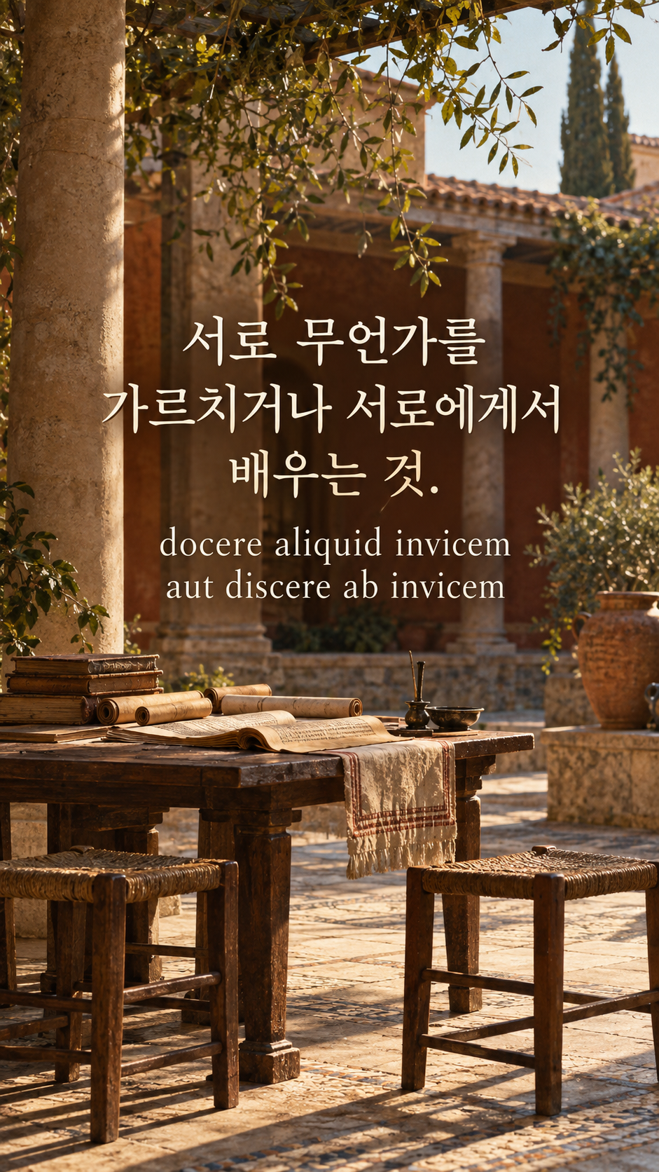 서로 무언가를 가르치거나 서로에게서 배우는 것. — 로마 후기 안뜰의 빈 의자 두 개와 책, 당시 배경의 아날로그 필름 사진풍