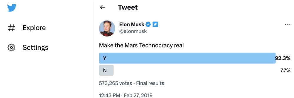 일론 머스크가 화성 정부에 관한 찬반 투표
