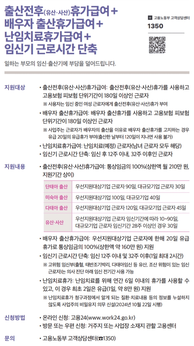 출산휴가, 배우자출산휴가, 난임치료휴가, 임신기 근로시간 단축 안내