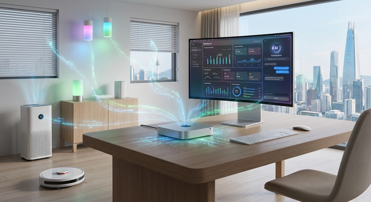 2026년형 미래 홈 오피스 책상 위 맥 미니에서 AI 데이터 스트림이 뻗어나와 스마트 조명, 공기청정기, 로봇청소기 등 다양한 가전과 연결되는 모습을 시각화한 이미지