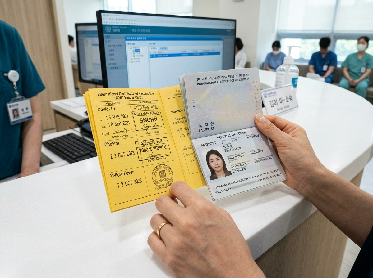 동남아 여행 필수 예방접종을 마치고 여권과 증명서를 챙겨 출국을 준비하는 모습