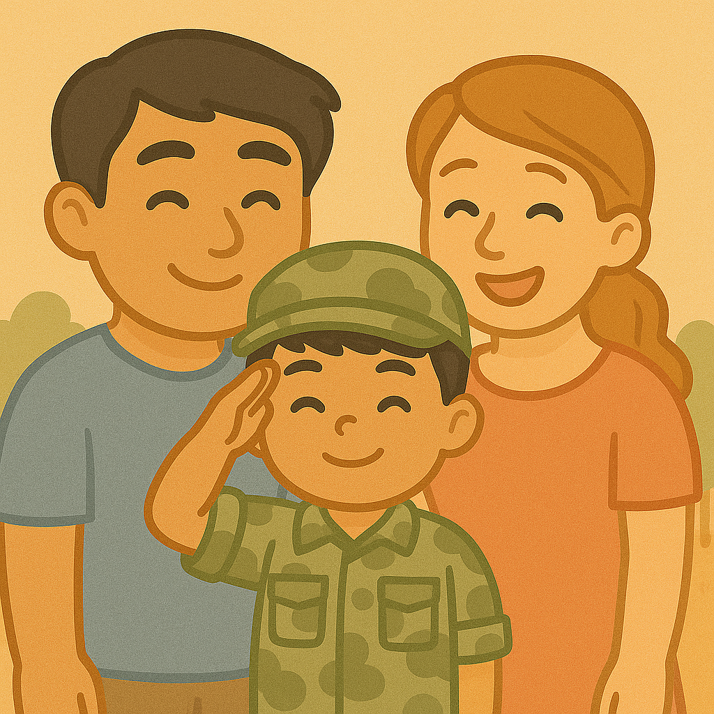 다문화 가정 남자아이가 군복을 입고 경례하고 있다.