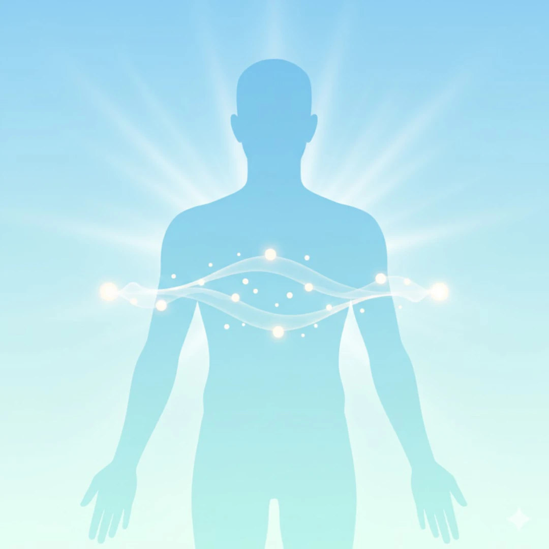 사람의 몸을 형상화한 실루엣 안에 물결 무늬가 안정적으로 흐르고 있으며&amp;#44; 알부민을 상징하는 작은 입자들이 그 균형을 잡는 모습을 표현합니다. 청량하고 안정된 색감을 사용합니다. 