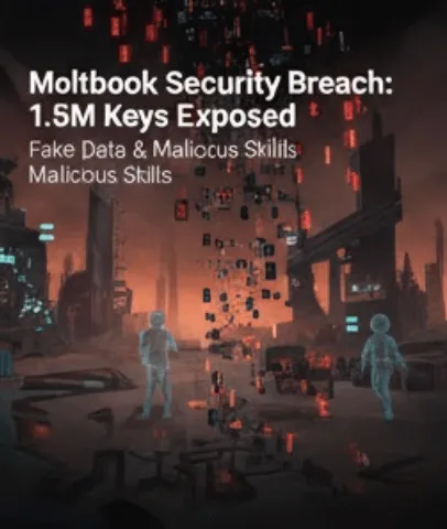 몰트북: 붉은색 경고 톤의 배경에 &amp;#39;1.5M Keys Exposed&amp;#39;라는 문구가 적힌 보안 사고 관련 이미지. 데이터베이스 취약점으로 인해 수많은 API 인증 토큰과 개인정보가 노출된 상황을 디지털 노이즈와 경고 아이콘으로 묘사했습니다.