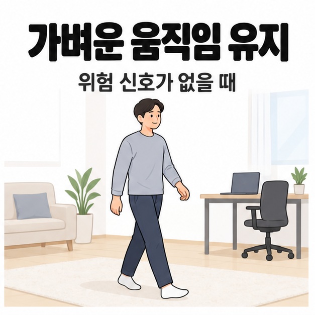위험 신호가 없을 때 가벼운 움직임을 유지하라는 안내 아래에서 남성이 집 안을 천천히 걷는 모습