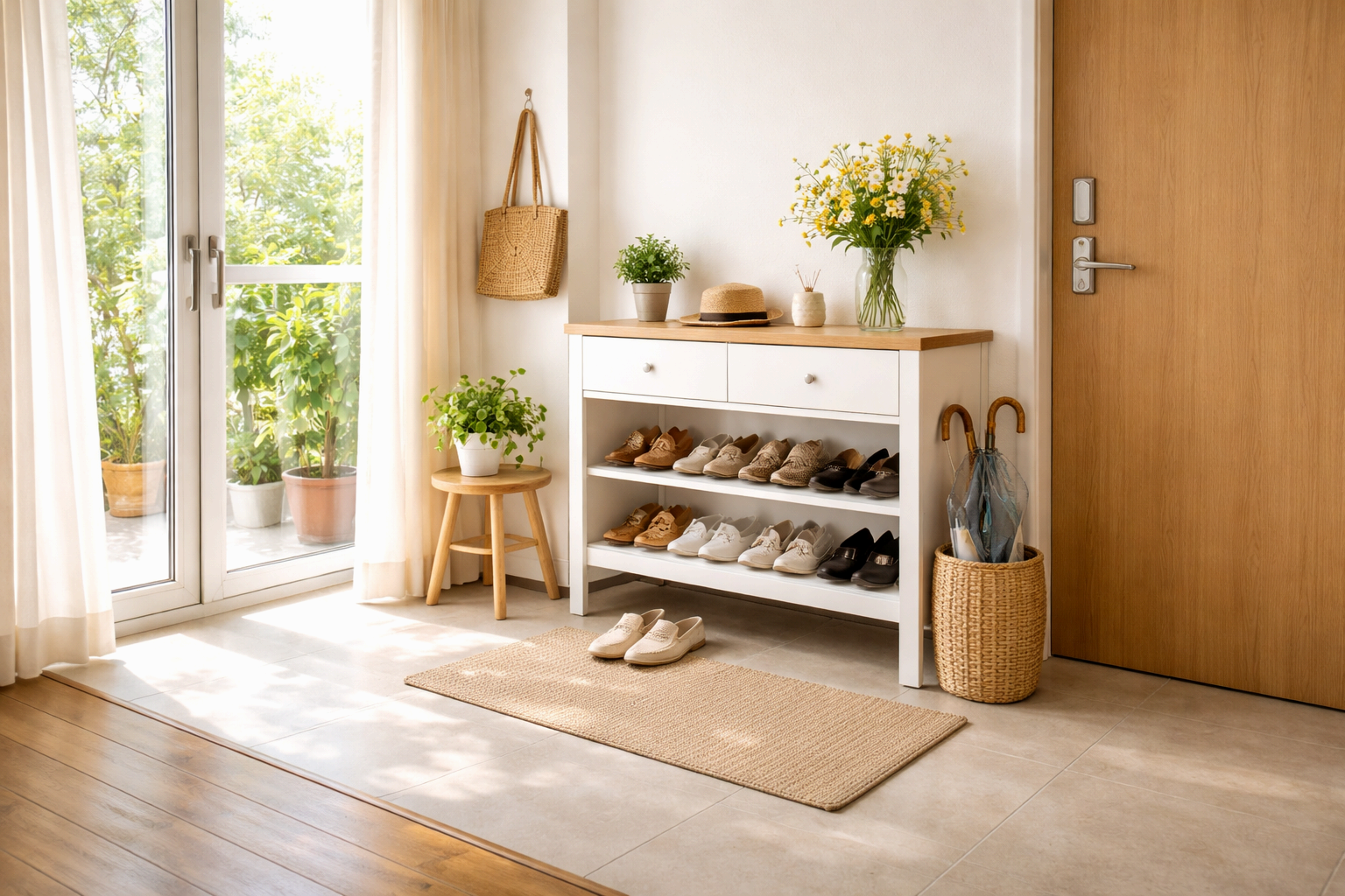 현관 정리된 풍수 인테리어, 신발 정리와 화분이 있는 깔끔한 집 입구 모습